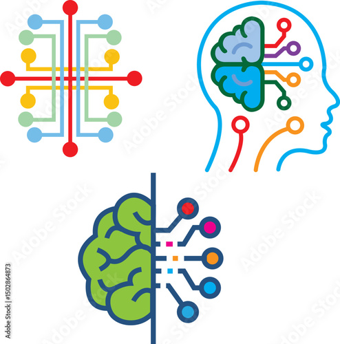 Colorful brain and neural network illustrations representing artificial intelligence, machine learning, and digital thinking—perfect for tech, innovation, and science-related designs.