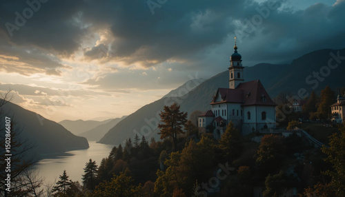 Wallpaper Mural Scenic Church Overlooking Lake and Mountains Under Dramatic Cloudy Sky Torontodigital.ca