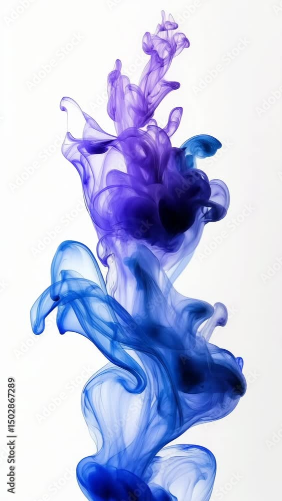 slow motion vertical shot of violet and blue ink smoke rising upward on white background in static composition, concept of cosmetics branding, wellness design, perfume advertising slow motion vertical shot of violet and blue ink smoke rising upward on white background in static composition, concept of cosmetics branding, wellness design, perfume advertising