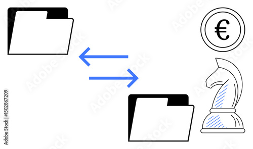 Two folders connected by arrows, a chess knight, and a euro coin suggest data exchange, strategy, and financial planning. Ideal for teamwork, finance, strategy, data sharing innovation