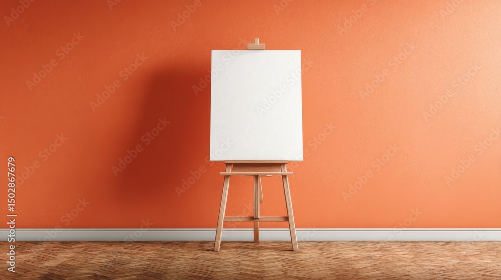Ultra quality image of easel with a blank white canvas stands in an empty minimalist room with orange color wall. Background for mockups. Ultra quality image of easel with a blank white canvas stands in an empty minimalist room with orange color wall. Background for mockups.