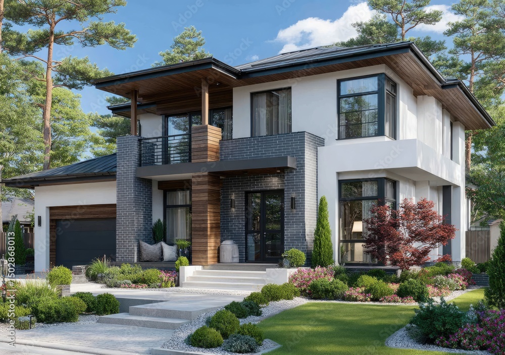 Modern house with a garden in front, a photo of a beautiful modern family home exterior with plants and trees in the background Modern house with a garden in front, a photo of a beautiful modern family home exterior with plants and trees in the background
