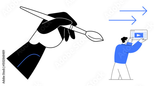 Giant hand with paintbrush and person carrying digital video element, symbolizing creativity and innovation. Ideal for design, tech, creativity, innovation, teamwork, content creation, simple landing