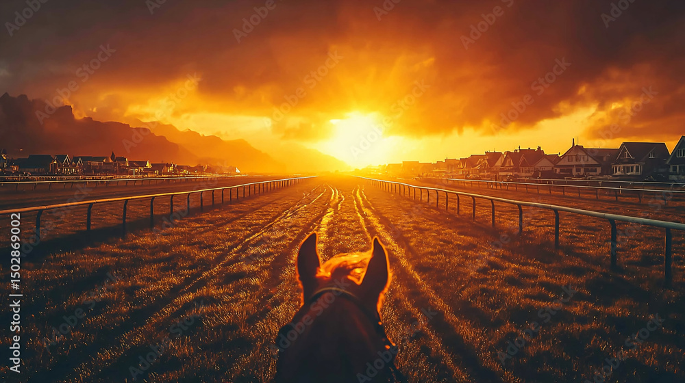Obraz premium 夕焼けの競馬場を駆け抜ける騎手の視点