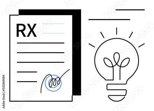 Prescription paper signed next to a glowing light bulb signifies innovation, healthcare, ideas, education, wellness, creativity, and solutions. Ideal for medical progress and flat simple metaphor