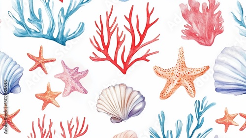 Sea Life Watercolor Seamless Pattern: Starfish, Shells, Coral