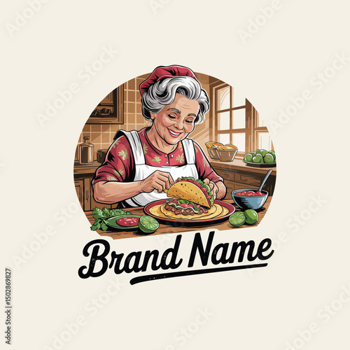 hand drawn grandma making tacos logo design 