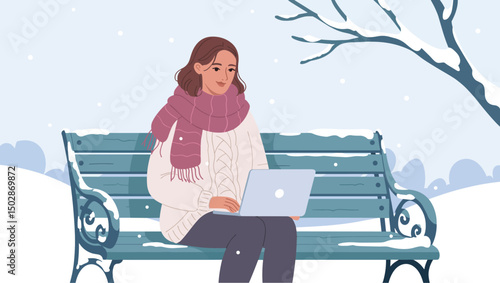 girl sitting outdoor in park, on bench in winter wearing warm cloths with laptop, snow falling, vector 