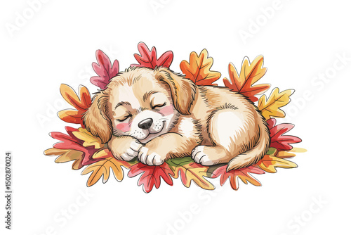 Cute happy dog sleeping on autumn leaves, watercolor illustration 