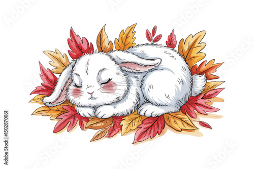 Cute happy rabbit sleeping on autumn leaves, watercolor illustration