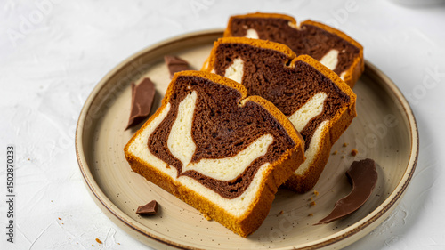 A close-up photograph of sliced marble cake on a speckled beige ceramic plate against a white textured background