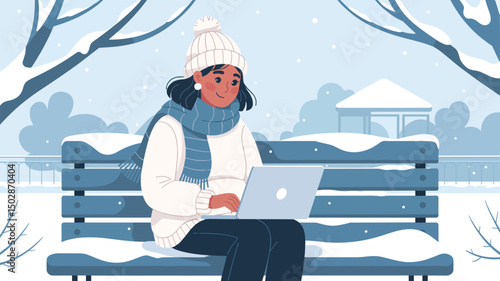 girl sitting outdoor in park, on bench in winter wearing warm cloths with laptop, snow falling, vector 