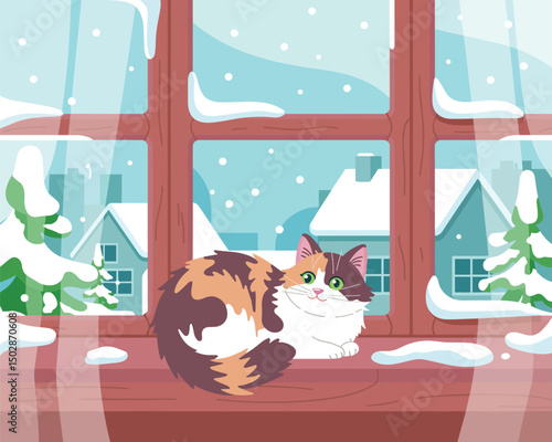 a cat sitting on the sill with winter landscape, vector illustration 