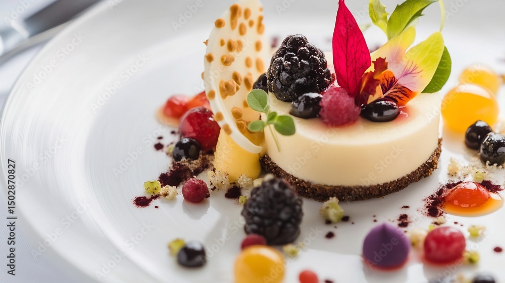 Gourmet Vanilla Bean Dessert with Berries and Edible Flowers Gourmet Vanilla Bean Dessert with Berries and Edible Flowers