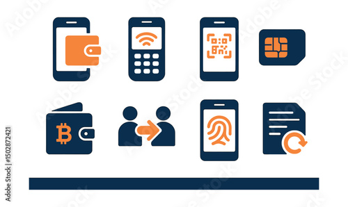 Two-Color vector icons of fintech and digital payments: mobile wallet, NFC terminal, QR payment, credit card chip. Crypto wallet, instant transfer, biometric payment, transaction history.