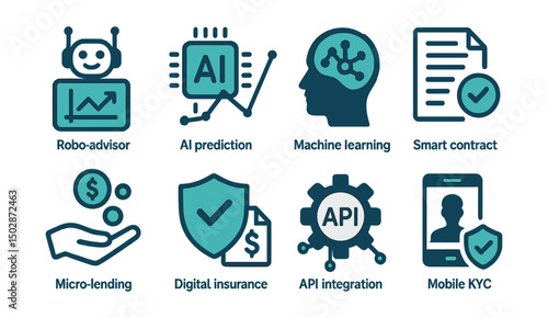 Two-Color vector icons of fintech innovations: robo-advisor, AI prediction, machine learning icon, smart contract. Micro-lending, digital insurance, API integration, mobile KYC.