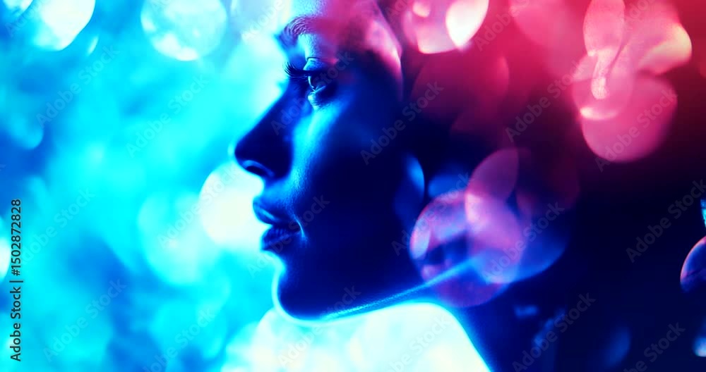 Close-up profile view of a woman's face, illuminated by vibrant, colorful light. Close-up profile view of a woman's face, illuminated by vibrant, colorful light.