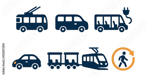 Two-Color vector icons of urban vehicles: trolleybus, minibus, city van, electric shuttle. Compact car, pedestrian train, light rail, circular mobility icon.