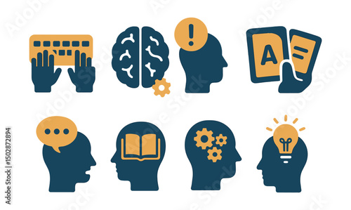 Two-Color vector icons of skill building: typing practice, memory icon, attention booster, digital flashcards. Speaking task, comprehension icon, problem solving, creative task.