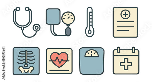 Outline with Fill style icons of medical checkup essentials: stethoscope, blood pressure cuff, thermometer, medical form, x-ray scan, heart chart, weighing scale, medical calendar.