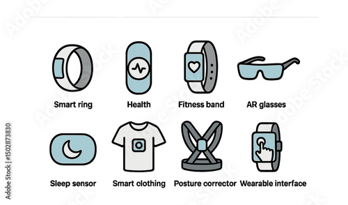 Outline with Fill vector icons of wearable technology: smart ring, health patch, fitness band, AR glasses, sleep sensor, smart clothing, posture corrector, wearable interface.