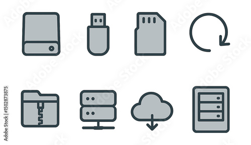 Outline with Fill vector icons of digital storage: external hard drive, USB flash drive, SD card, backup icon, archive folder, RAID system, storage cloud, drive cabinet.