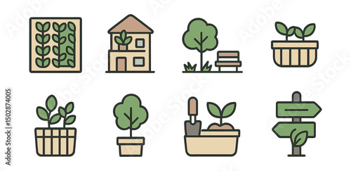 Outline with Fill style icons of urban greening: green wall, rooftop plants, pocket park, balcony garden, city tree planter, urban gardening kit, eco bench, green street sign.