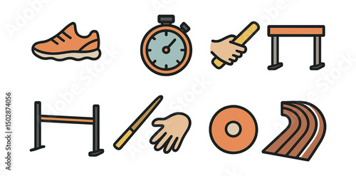 Outline with Fill icon set for track and field: running shoes, stopwatch, baton pass, hurdle, high jump bar, javelin, discus, track lane icon.