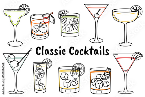 Hand drawn classic cocktail illustrations. Doodle style drink glasses with Lemon, ice cubes, garnishes, and cherries. Summer party drink for bar menu, invitations.