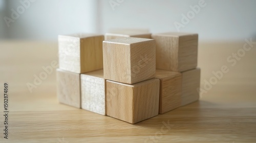 Wooden cube blocks arranged in a clean, minimalist design, symbolizing simplicity and order.