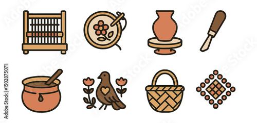Outline with Fill vector icons of traditional crafts: weaving loom, hand embroidery, pottery wheel, carving tool, dyeing vat, folk art icon, handmade basket, beaded pattern.