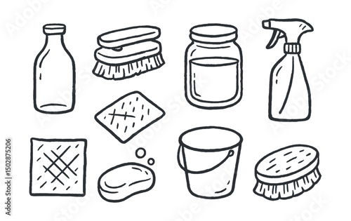 Hand-drawn vector icons of eco cleaning: vinegar bottle, brush, baking soda jar, spray bottle, reusable cloth, soap bar, cleaning bucket, wooden scrubber.