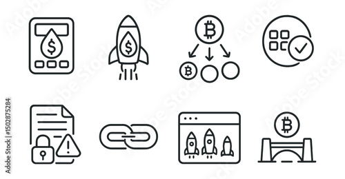 Line style icons of token launches: gas fee estimator icon, launch gas optimization tool, batch transaction system, token deployment status, smart contract finalization alert, chain selection toggle,