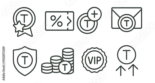 Line style icons of token launches: early investor bonus, referral code icon, bonus token reward, invite-only token round, exclusive investor badge, tiered funding levels, VIP token access, loyalty