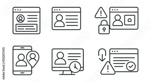Line style icons of digital identity: identity transaction log, ID activity history, access attempt alert, login location tracker, user session monitor, unauthorized access warning, identity breach