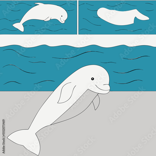Minimalist vector illustration of a beluga whale, showcasing its smooth curves and serene expression.