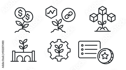 Line style icons of crypto farming: stablecoin yield farm, volatile token farm, cross-chain farming badge, multi-chain yield aggregator, farming bridge connector, gas-optimized farming tool,