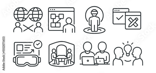 Line style icons of multiverse apps: cross-world collaboration icon, multiverse workspace app, virtual office teleporter, cross-platform productivity tools, shared whiteboard in VR, cross-realm