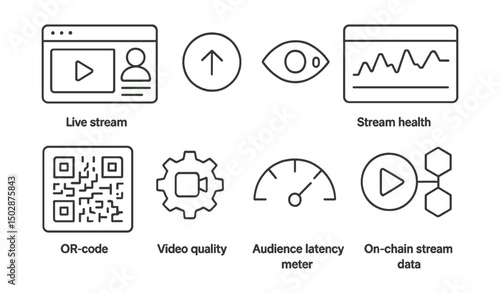 Line style icons of Web3 streaming: live stream dashboard, start stream button, real-time viewer count, stream health monitor, streaming key QR code, video quality toggle, audience latency meter,