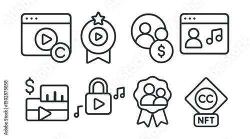Line style icons of Web3 streaming: content remix license token, remixable stream badge, co-creator revenue share, collaborative stream rights, split royalties tracker, duet content vault, co-host