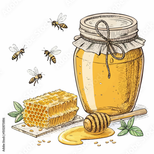 jar of honey and honeycomb