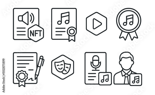 Line style icons of Web3 licensing: audio rights NFT, music license icon, stream rights token, sync license badge, mechanical rights contract, performance rights token, podcast license contract,