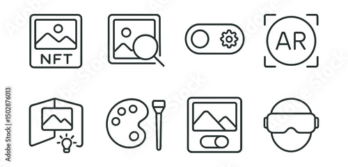 Line style icons of NFT galleries: NFT art preview icon, zoom-in artwork view, high-resolution toggle, AR preview badge, virtual room light control, art style filter tool, collection theme toggle,