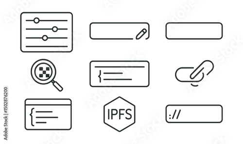 Line style icons of NFT crafting: metadata editor panel, trait name field, attribute value entry, animation link field, image hash input, JSON preview window, IPFS upload badge, content URI field.