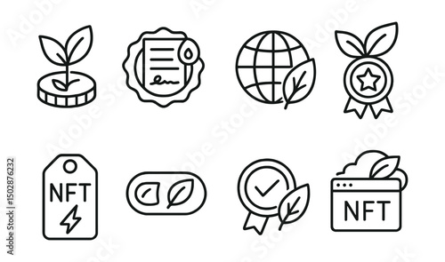 Line style icons of NFT crafting: eco-mint icon, low-gas contract badge, carbon offset tracking, green mint reward, energy-efficient NFT tag, sustainability mode toggle, eco-certified creator badge,