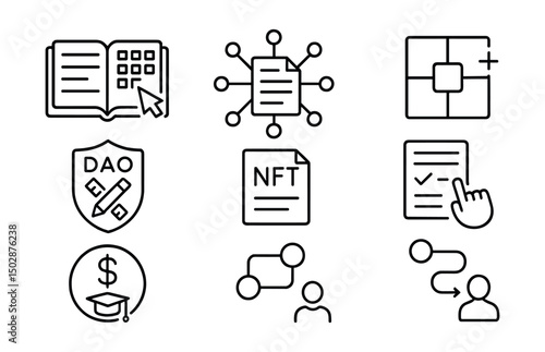 Line style icons of NFT education: open curriculum builder, decentralized syllabus editor, modular content block, DAO course design badge, lesson plan NFT, course proposal vote, token-funded subject