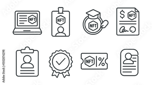 Line style icons of NFT education: course enrollment NFT mint, student ID badge NFT, scholarship token access, financial aid smart contract, academic onboarding icon, student registry profile,