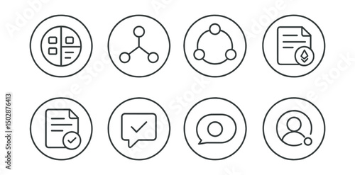 Line style icons of remote Web3 work (circular): circular project board icon, decentralized task circle, job role distribution ring, Web3 kanban task, smart contract task approval, job feedback