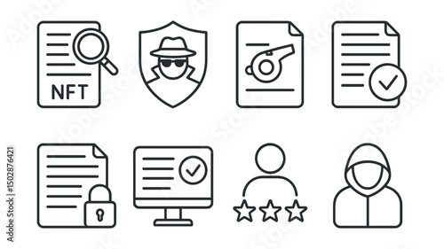 Line style icons of NFT media: investigative journalism NFT, source protection badge, whistleblower article token, verified leak icon, encrypted notes file, fact-check panel, source credibility