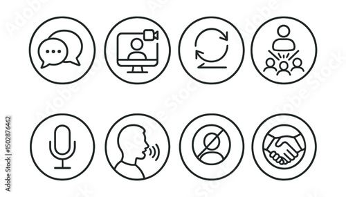 Line style icons of remote Web3 work (circular): team chat bubble, project call icon, async message loop, hologram meeting icon, circular mic status, avatar speaking badge, muting toggle ring,